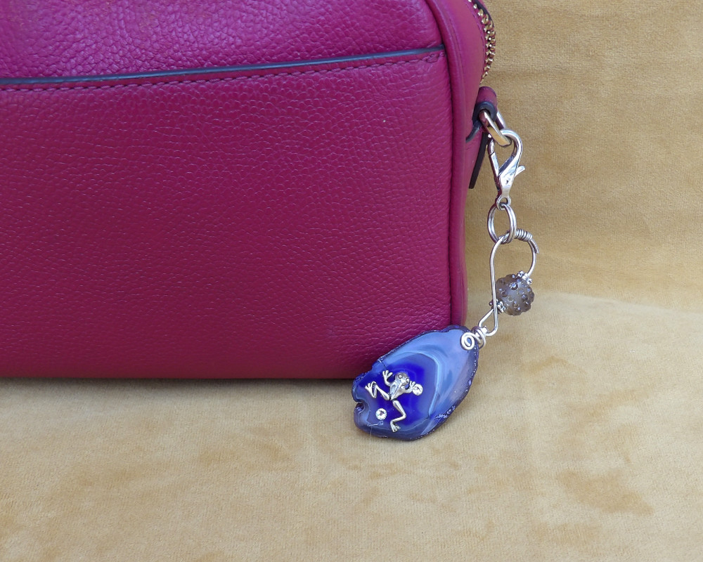 Purple Agate Slice Key Chain with frog and crystals